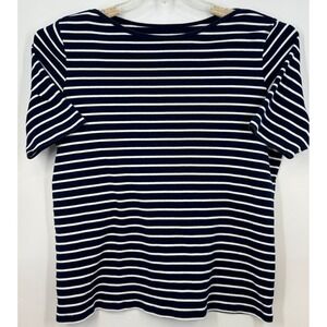 Nautical Coastal Preppy Navy White Striped Boatneck Tee XL Classic Short Sleeve
